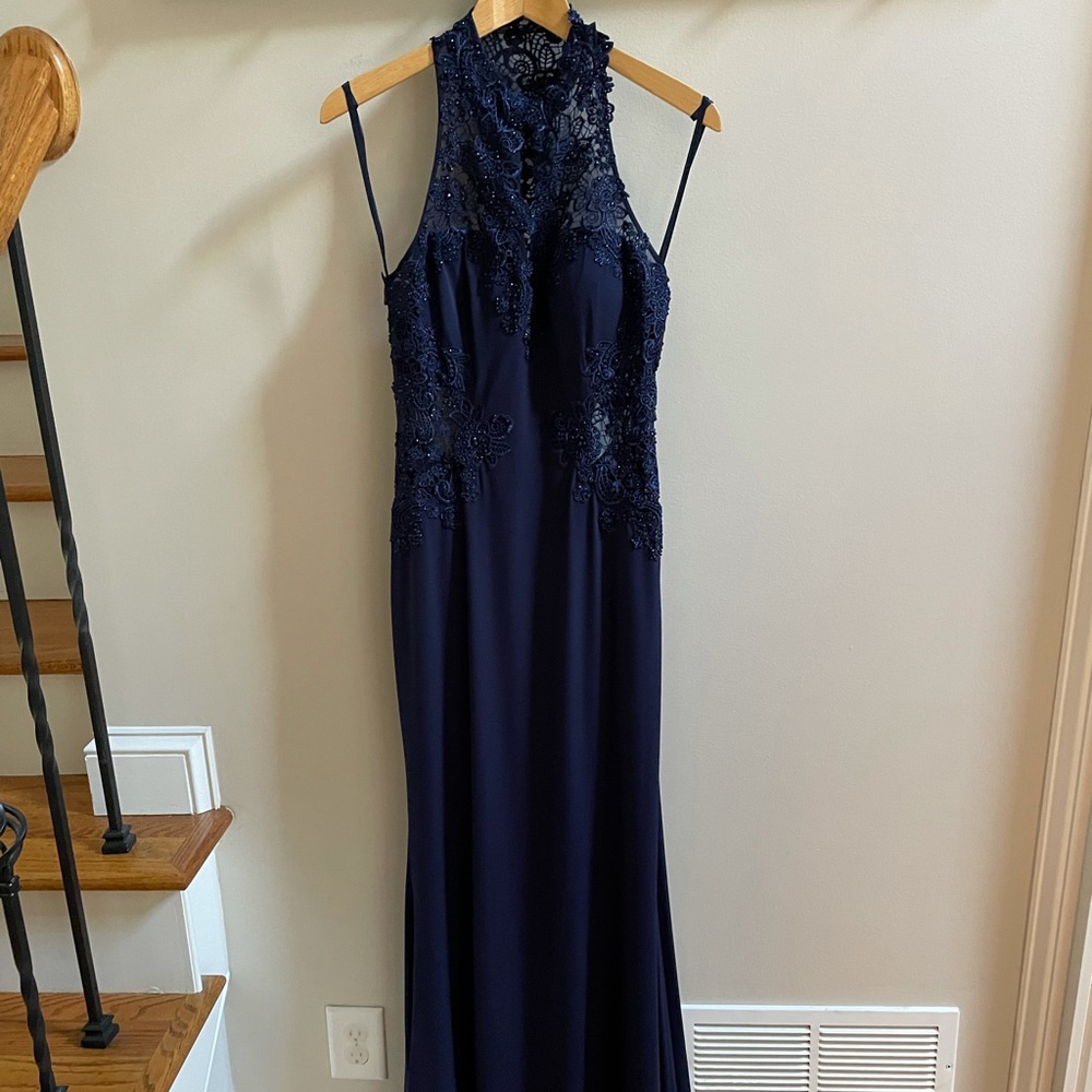 Midnight Blue Gown with back out and sequence.